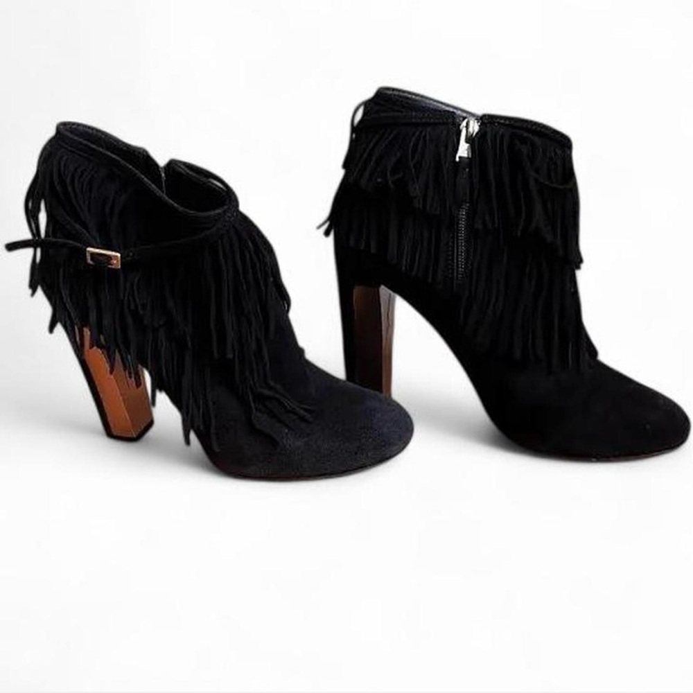 Brian Atwood Black Suede Booties with Fringe. Size 7.